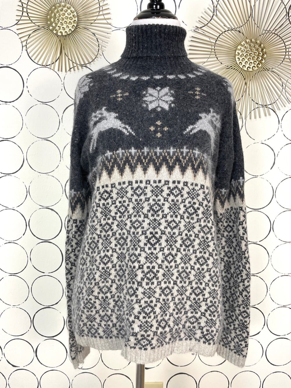 Vintage Turtleneck Knit Sweater S Gray Angora Blend Fair Isle Reindeer Holiday